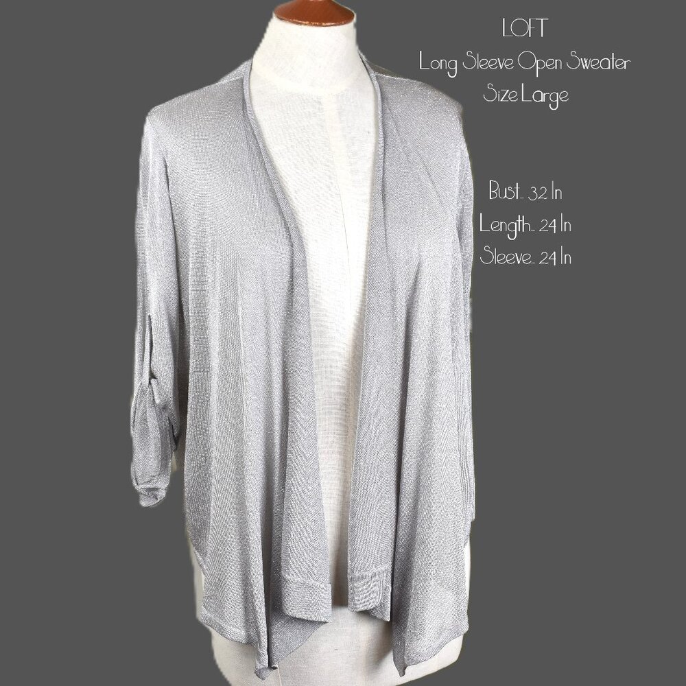 LOFT Sweater L Open Front Long Sleeve Gray Rayon Blend Machine Wash Bin 2